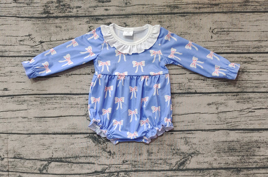 no moq sales LR1941 pre-order baby girls clothes bow blue long sleeve Romper