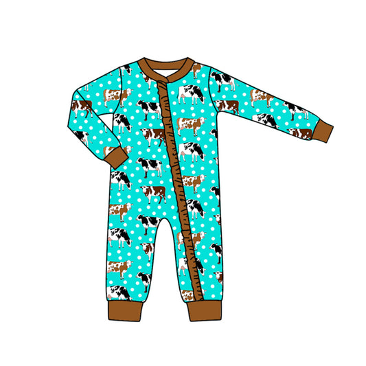 no moq sales LR1944 pre-order baby girls clothes cow blue and green long sleeve Romper-2024.9.10