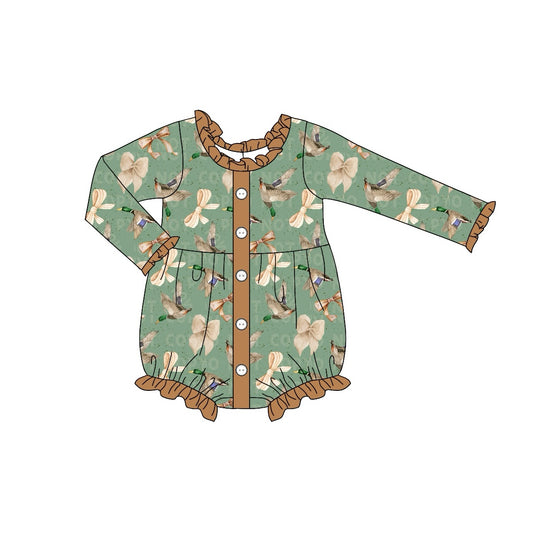 no moq sales LR1950 pre-order baby girls clothes ducks bow green long sleeve Romper-2024.9.11