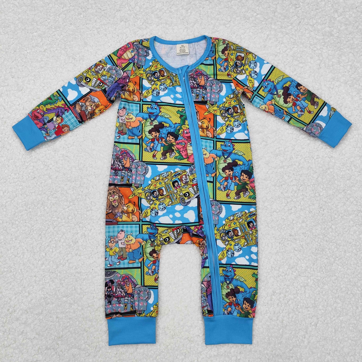 BAMBOO RTS NO MOQ ETA 5/7days Arrived LR2040 Modal cartoon lion dinosaur blue zipper long-sleeved jumpsuit