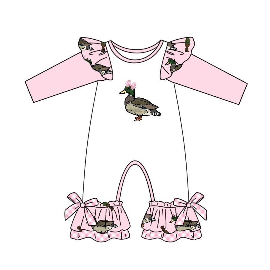 no moq sales LR2100 pre-order baby girls clothes duck pink and white long sleeve Romper-2024.10.14