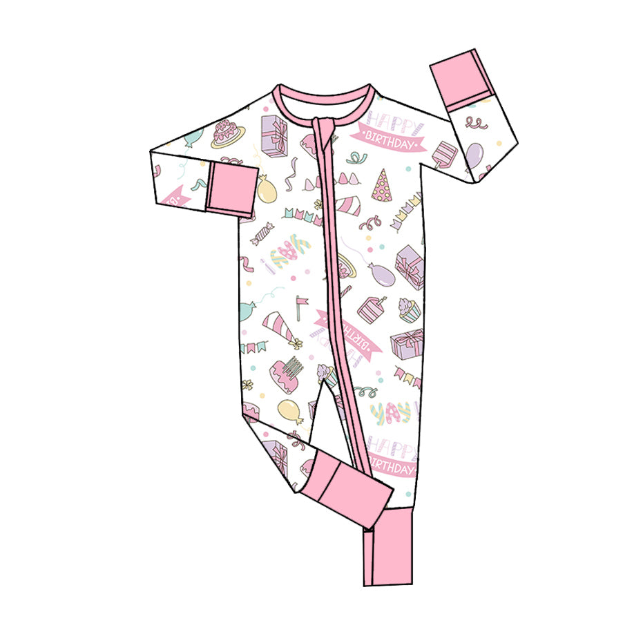 no moq sales LR2166 pre-order baby girls clothes BIRTHDAY pink long sleeve Romper-2024.11.30