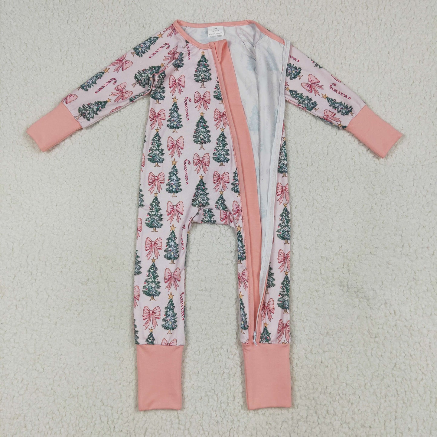 RTS NO MOQ（In Stock ) LR2283 Candy cane bow pattern Christmas tree pink zip-up long-sleeved jumpsuit