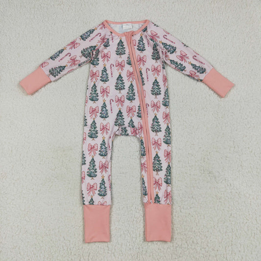 RTS NO MOQ（In Stock ) LR2283 Candy cane bow pattern Christmas tree pink zip-up long-sleeved jumpsuit