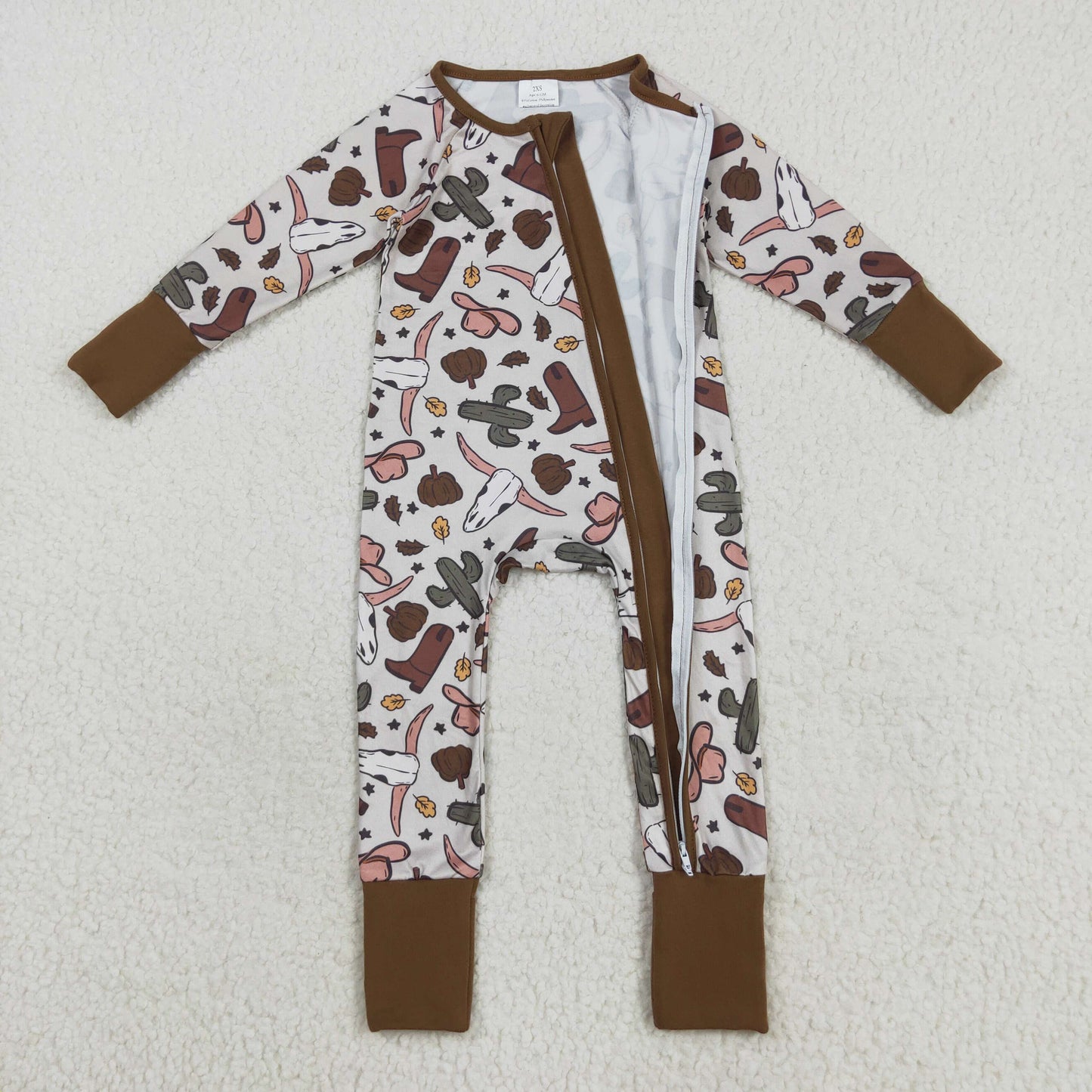 RTS NO MOQ（In Stock) LR2334 Cactus Alpine Bull Head Cowboy Hat and Boots, Beige and Brown Zippered Long-Sleeved Bodysuit