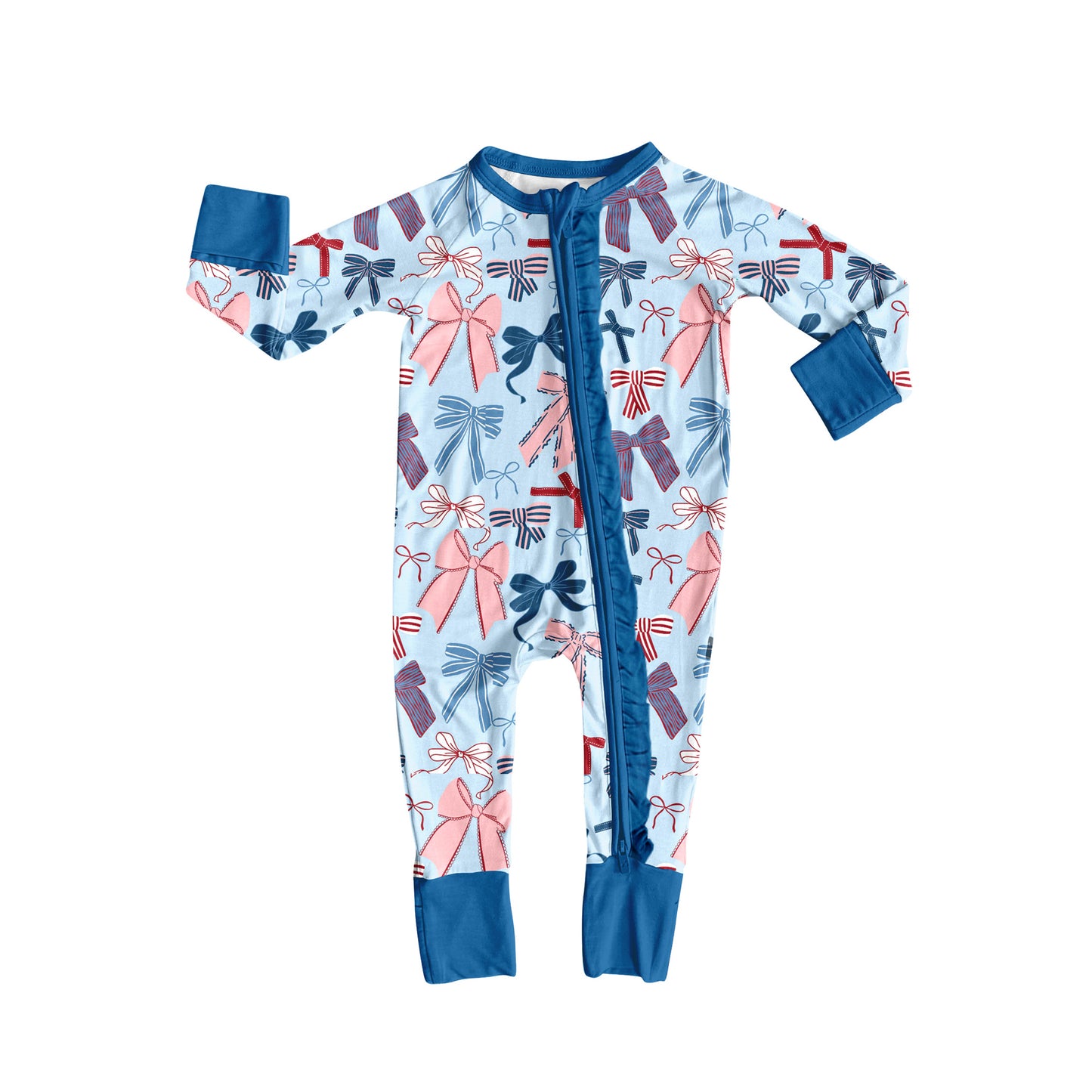 (Pre Order) No moq LR2390 pre-order baby girl clothes bow blue long sleeve romper-2025.7.3