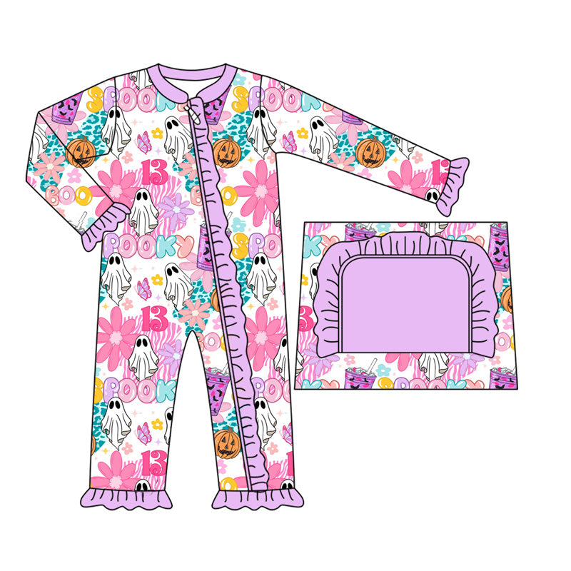 (Pre Order) No moq LR2391 pre-order baby girl clothes pumpkin floral purple long sleeve romper-2025.7.3