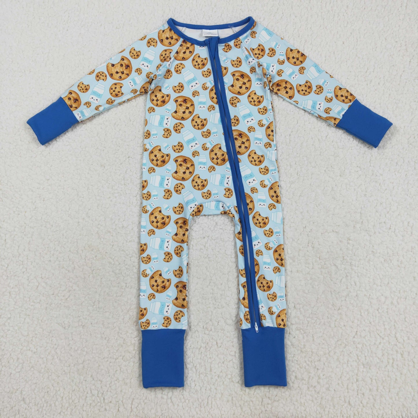 RTS NO MOQ（In Stock) LR2397 Biscuit and Milk Blue Zippered Long-Sleeved Bodysuit