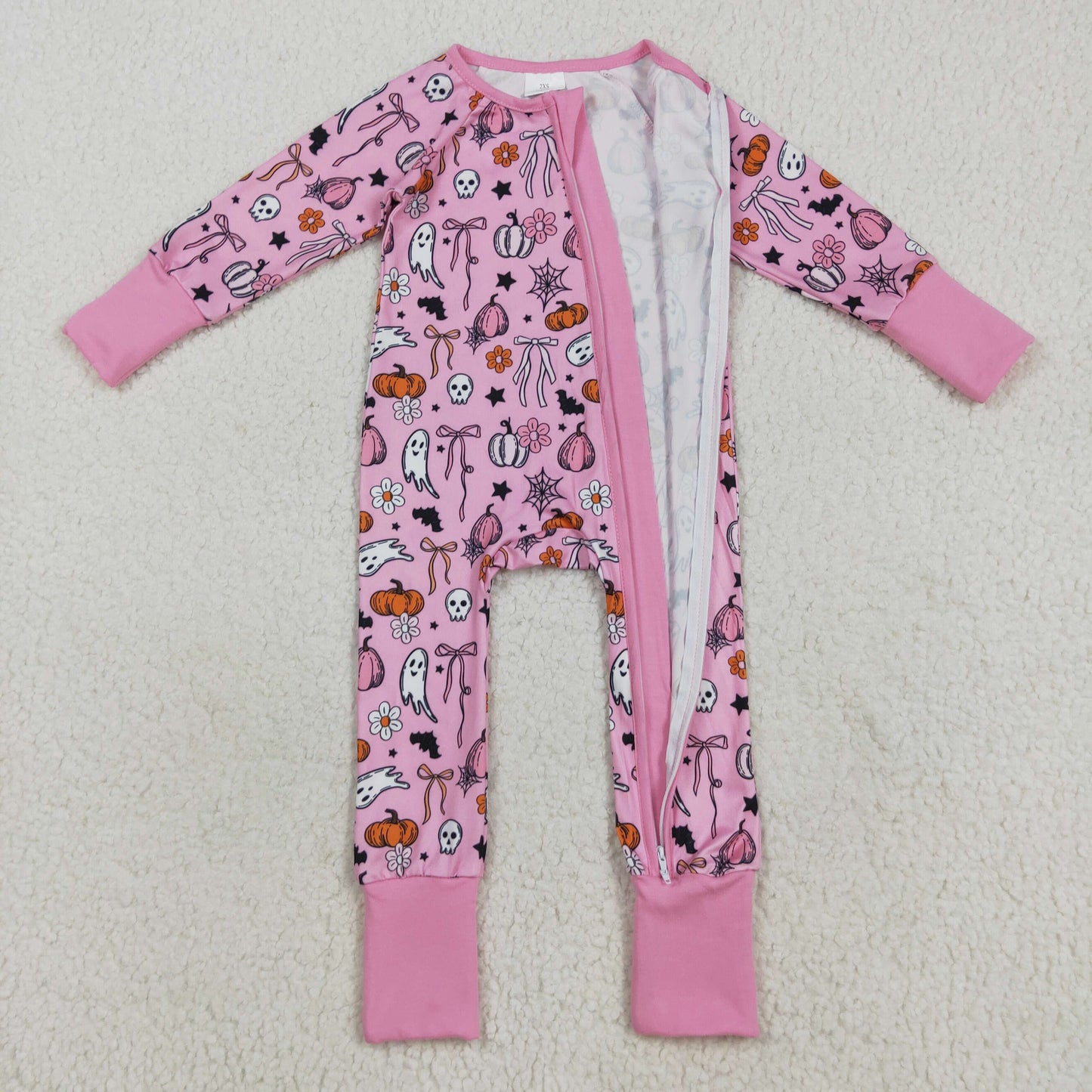 RTS NO MOQ（In Stock) LR2405 Halloween Ghost Pumpkin Bow Pattern Pink Zipper Long-Sleeved Bodysuit