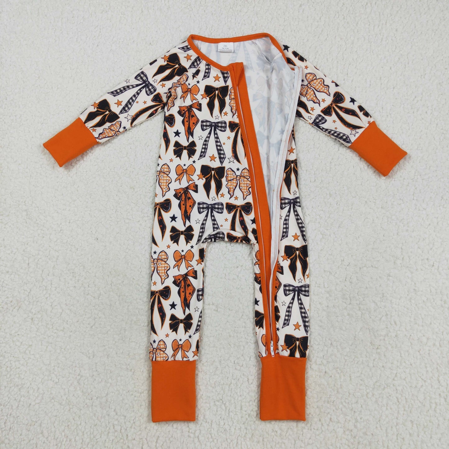 RTS NO MOQ（In Stock) LR2409 Bow Pattern Star Orange Zippered Long-Sleeved Bodysuit