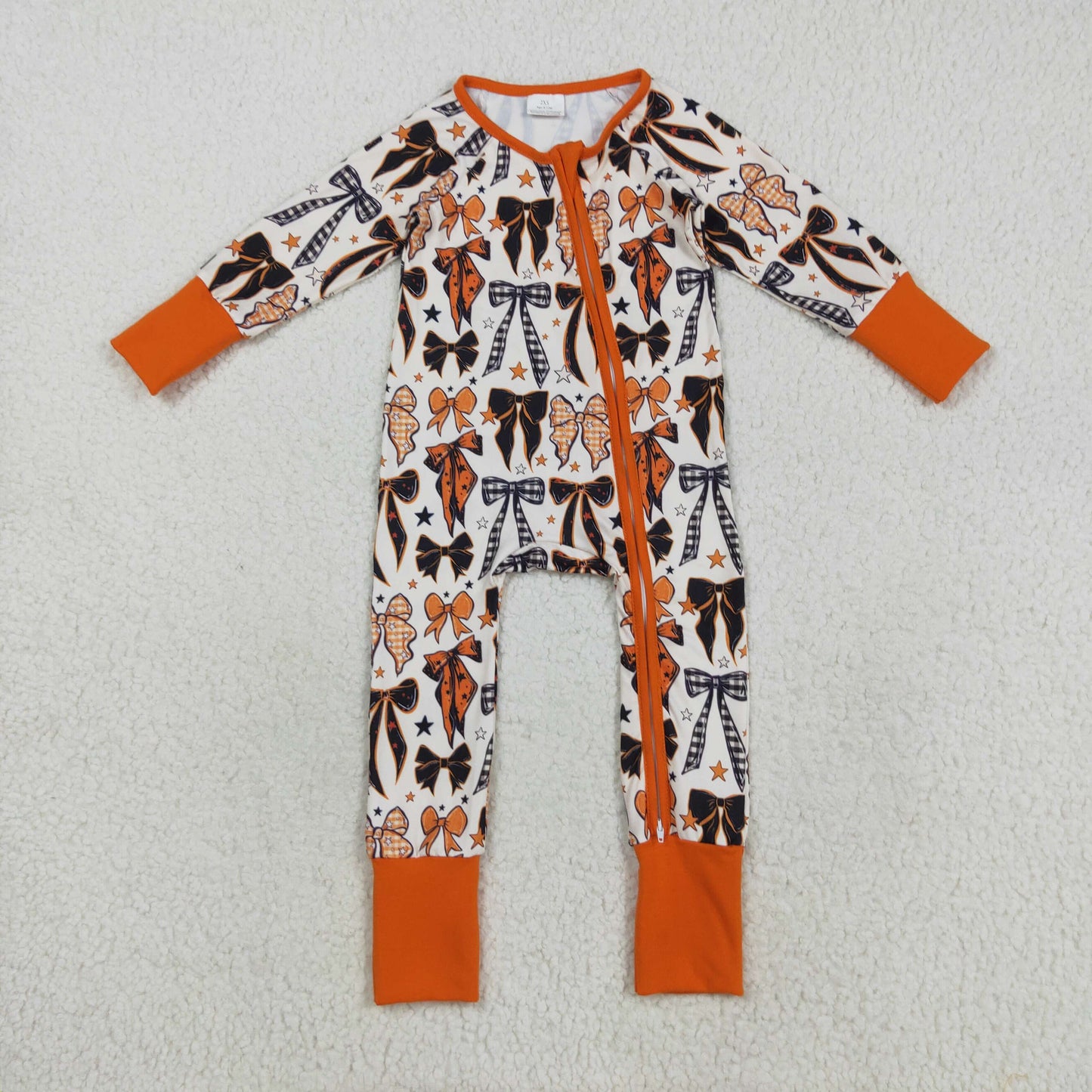 RTS NO MOQ（In Stock) LR2409 Bow Pattern Star Orange Zippered Long-Sleeved Bodysuit