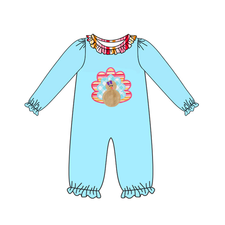 (Pre Order) No moq LR2449 pre-order baby girl clothes turkey blue long sleeve romper-2025.7.17