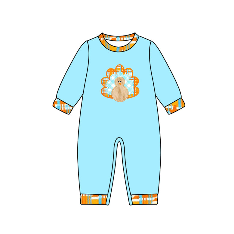(Pre Order) No moq LR2450 pre-order baby boy clothes turkey blue long sleeve romper-2025.7.17