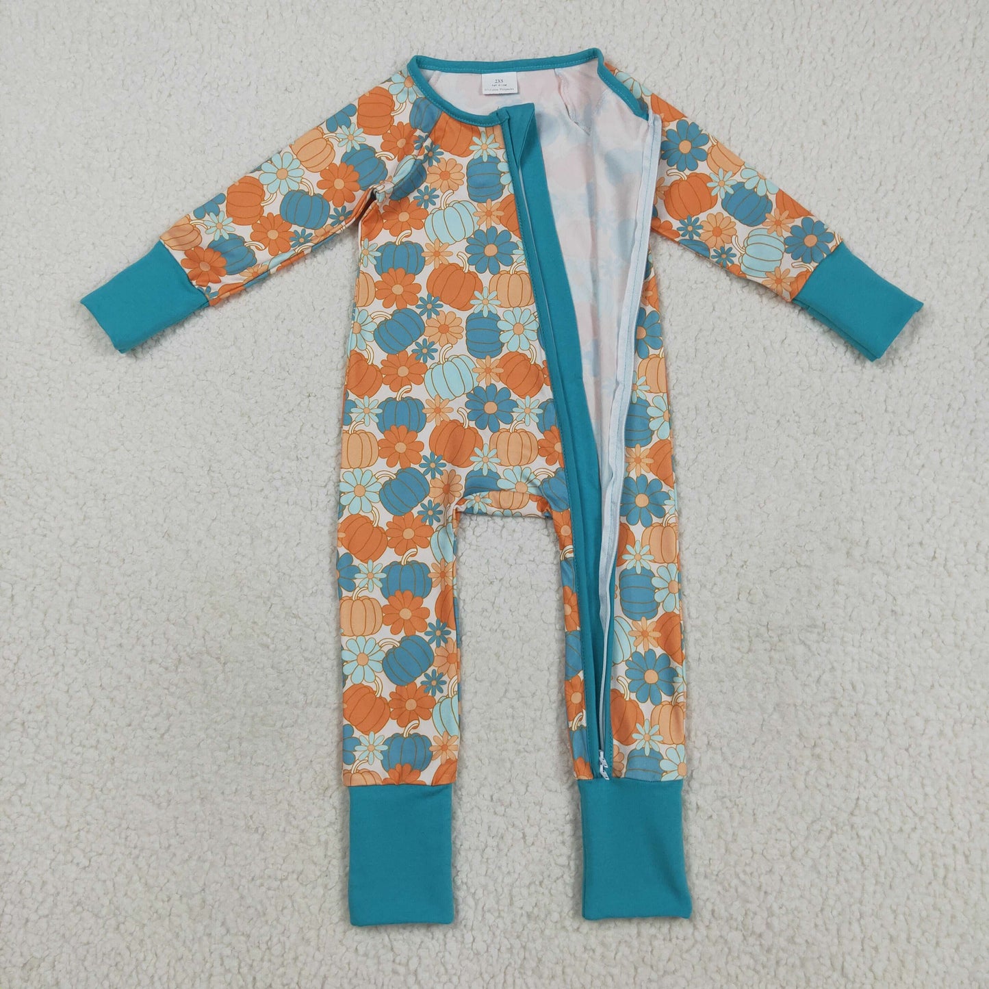RTS NO MOQ（In Stock) LR2461 Blue long-sleeved zip-up bodysuit with floral pumpkin pattern