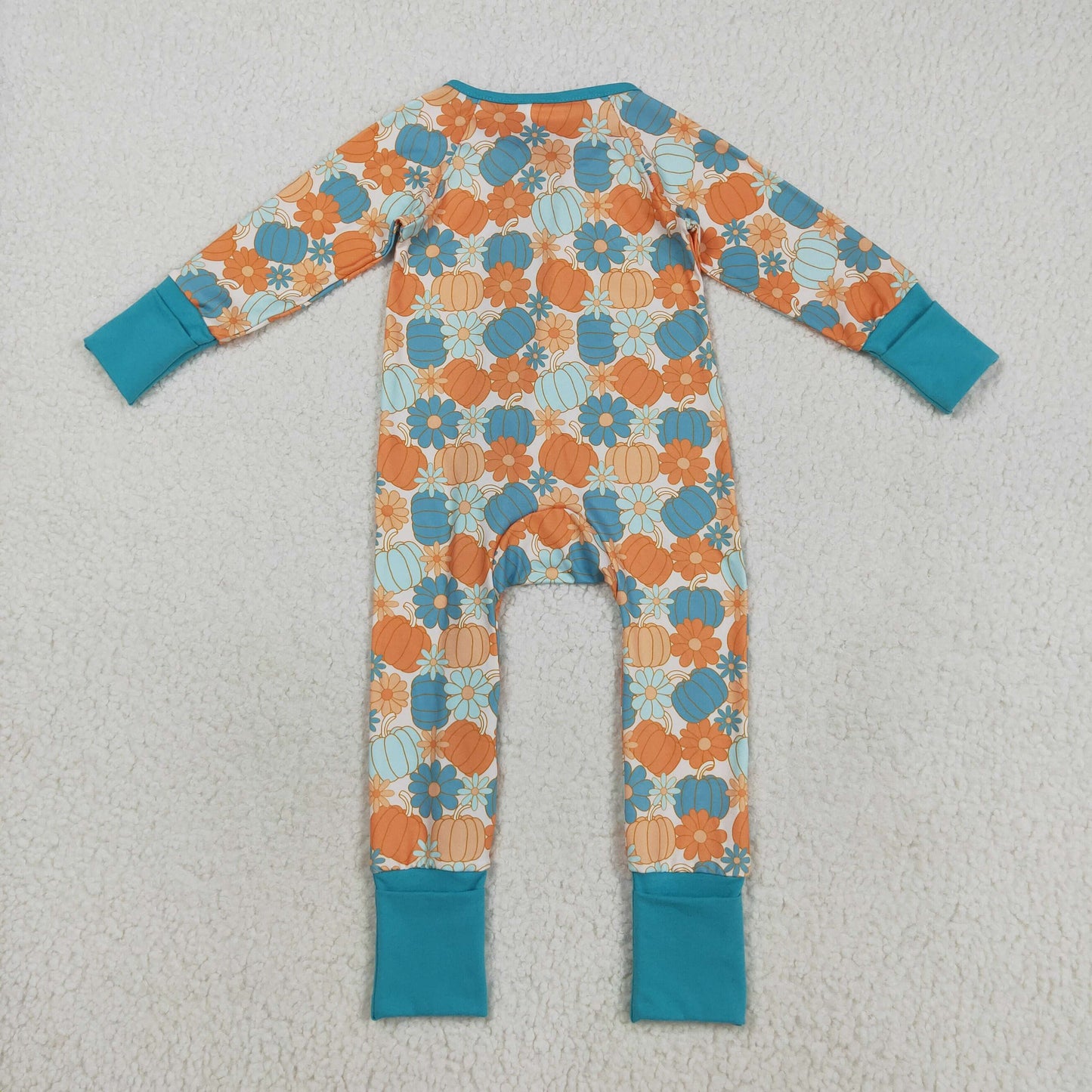 RTS NO MOQ（In Stock) LR2461 Blue long-sleeved zip-up bodysuit with floral pumpkin pattern