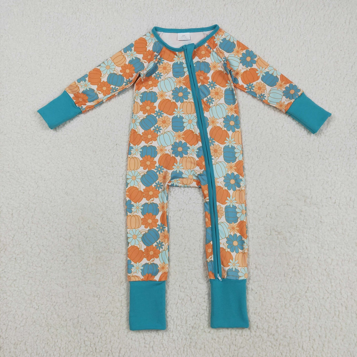 RTS NO MOQ（In Stock) LR2461 Blue long-sleeved zip-up bodysuit with floral pumpkin pattern