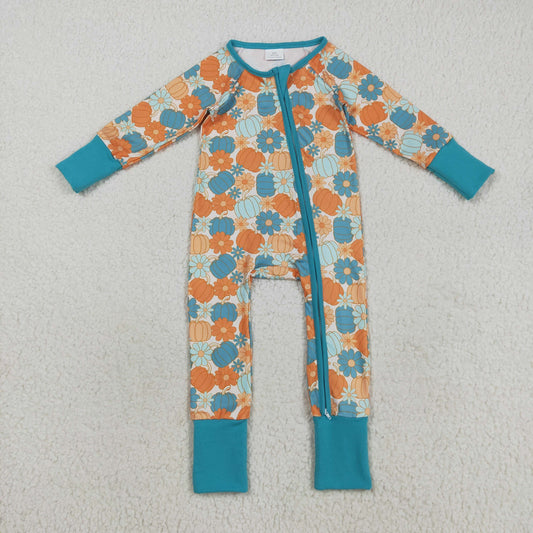 RTS NO MOQ（In Stock) LR2461 Blue long-sleeved zip-up bodysuit with floral pumpkin pattern