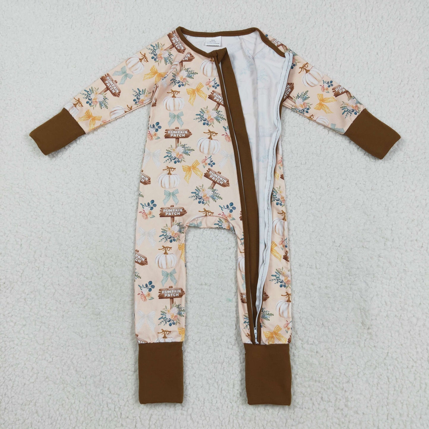 RTS NO MOQ（In Stock) LR2462 Yellow-brown zip-up long-sleeved bodysuit with pumpkin patch and bow pattern