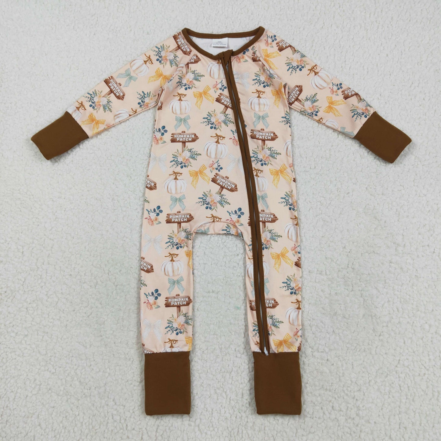 RTS NO MOQ（In Stock) LR2462 Yellow-brown zip-up long-sleeved bodysuit with pumpkin patch and bow pattern