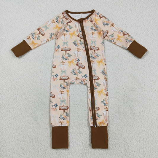 RTS NO MOQ（In Stock) LR2462 Yellow-brown zip-up long-sleeved bodysuit with pumpkin patch and bow pattern