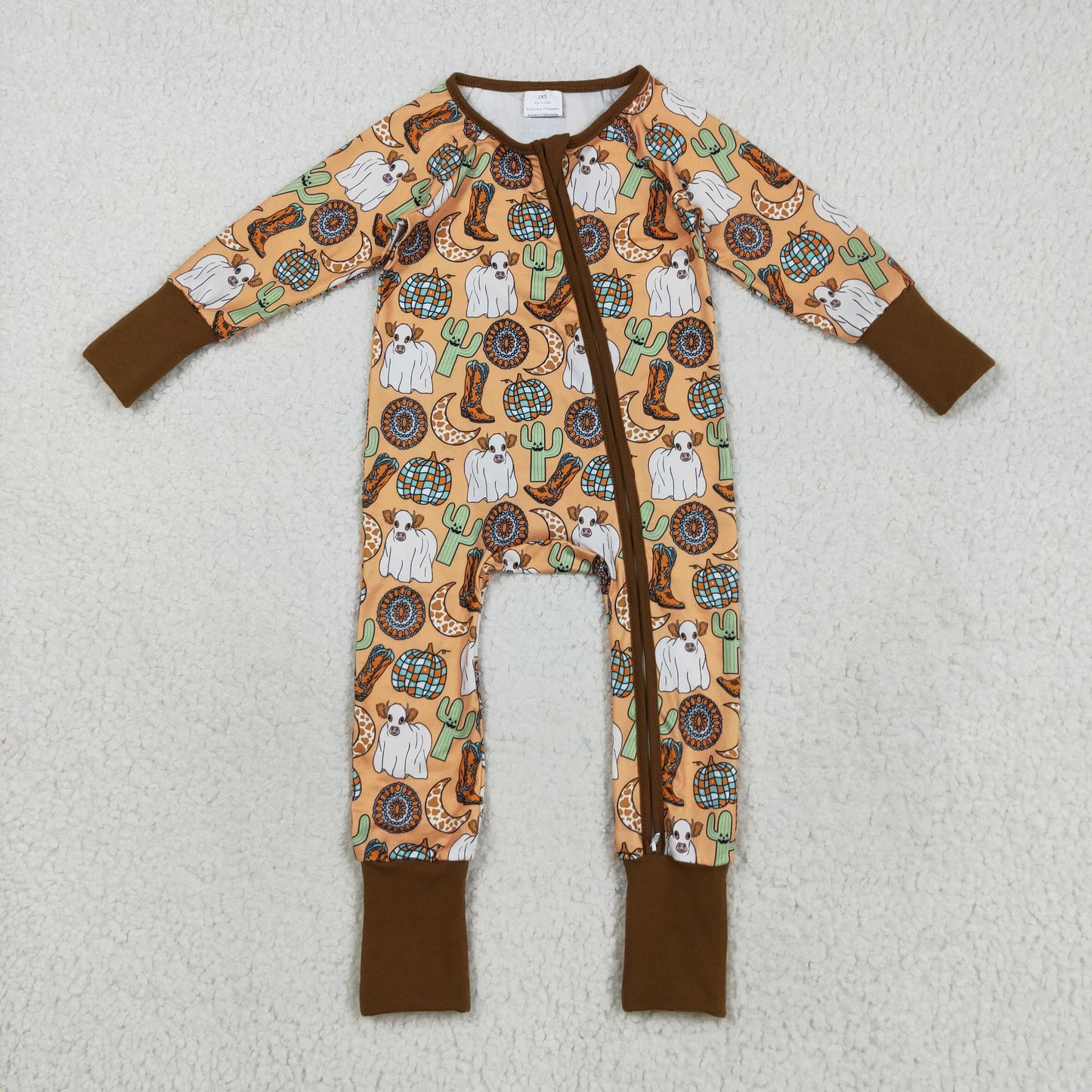 RTS NO MOQ（In Stock) LR2463 Halloween cow cactus boots and moon pumpkin brown zip-up long-sleeved bodysuit