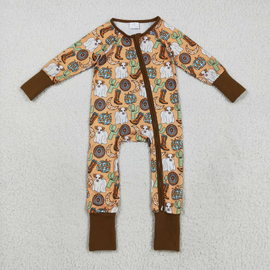 RTS NO MOQ（In Stock) LR2463 Halloween cow cactus boots and moon pumpkin brown zip-up long-sleeved bodysuit