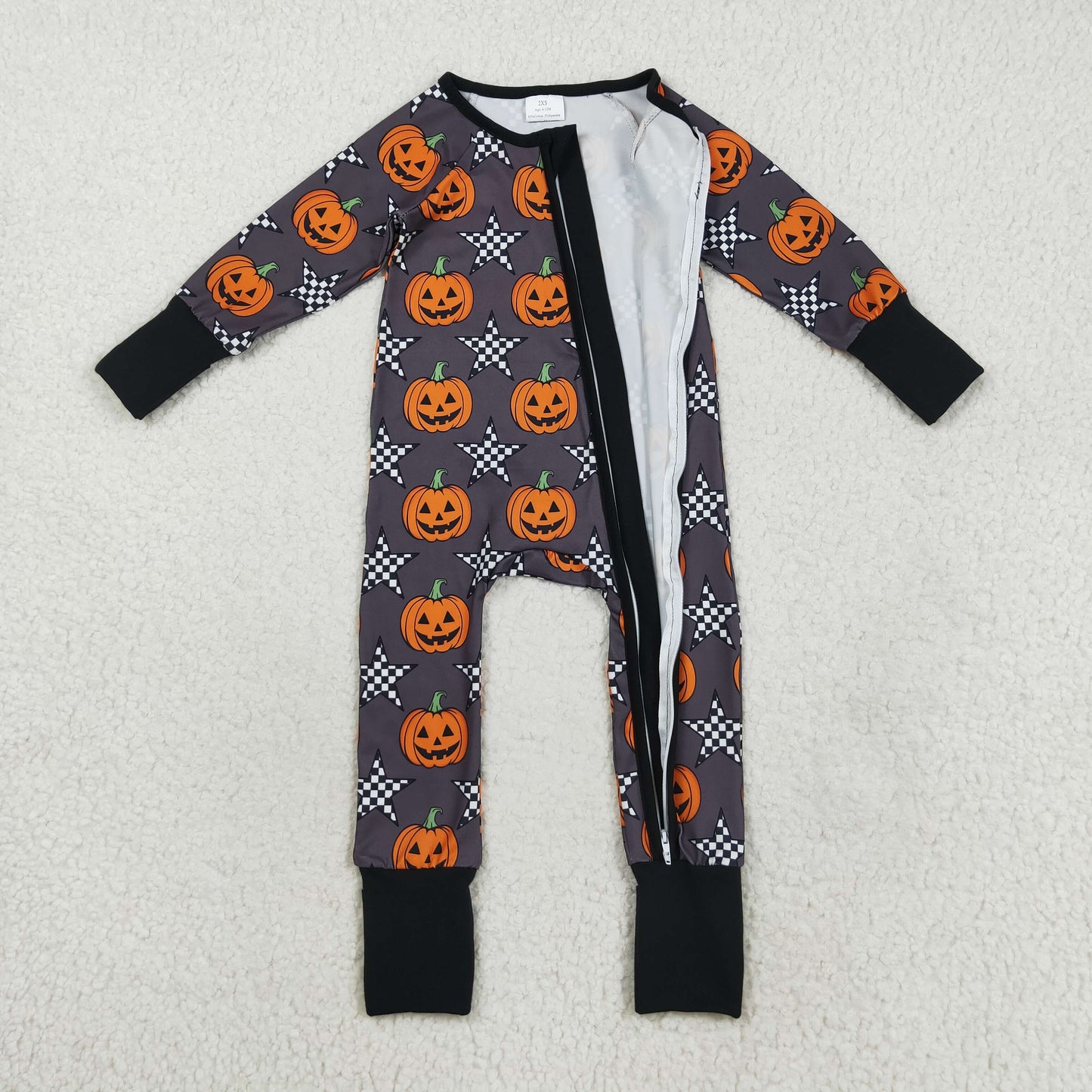 RTS NO MOQ（In Stock) LR2464 Halloween star pumpkin gray zip-up long-sleeved bodysuit
