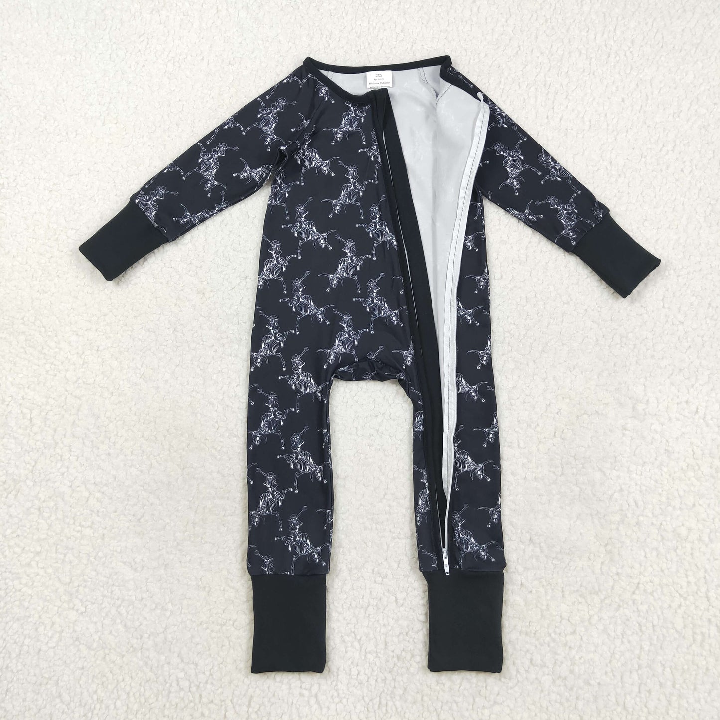 RTS NO MOQ（In Stock) LR2466 Halloween Skull Denim Black Zippered Long-Sleeved Bodysuit