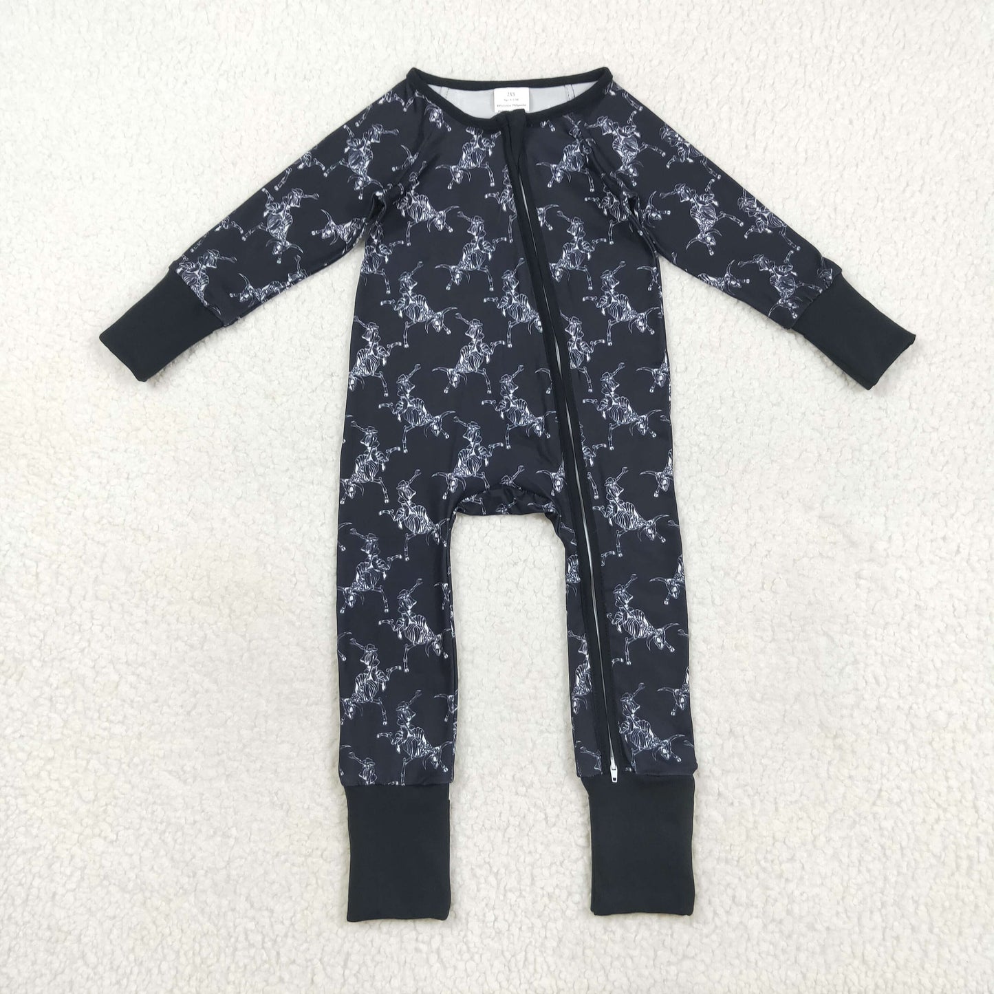 RTS NO MOQ（In Stock) LR2466 Halloween Skull Denim Black Zippered Long-Sleeved Bodysuit
