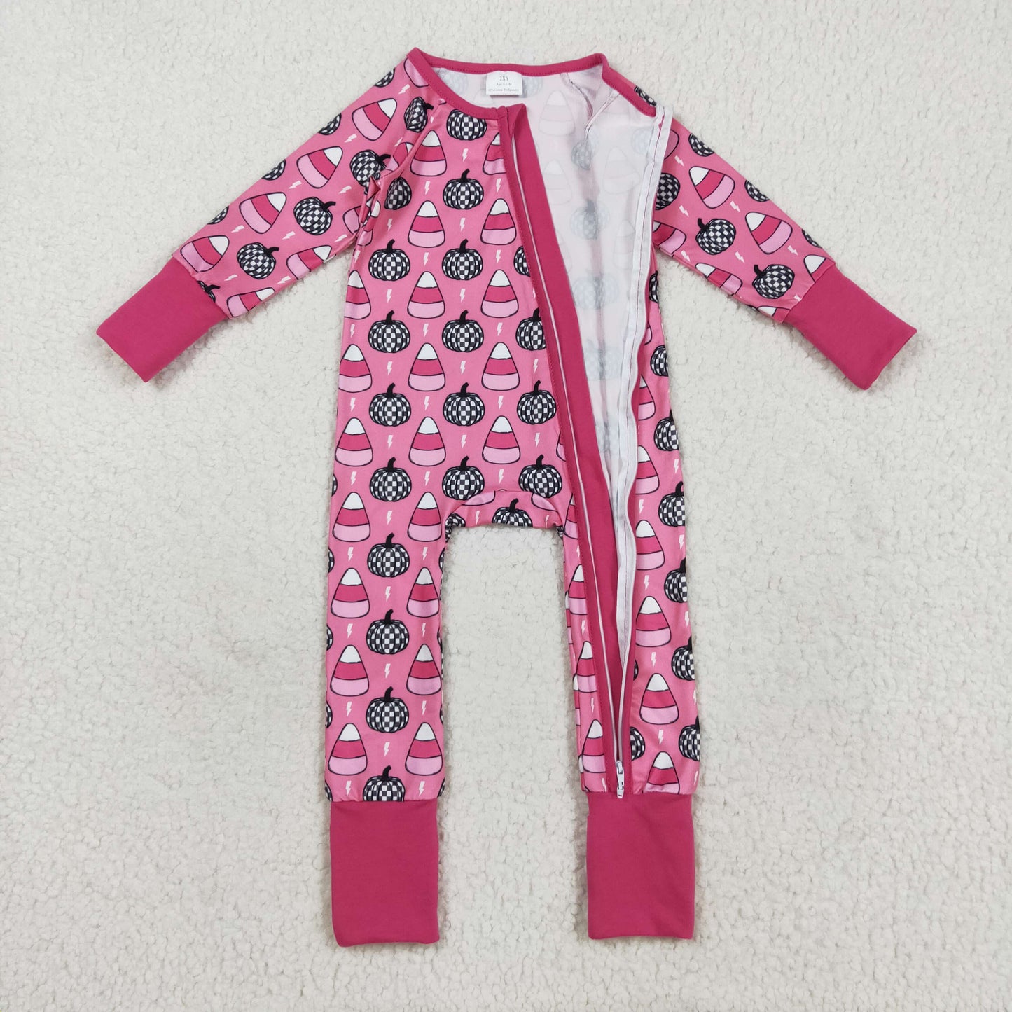 RTS NO MOQ（In Stock) LR2467 Halloween plaid pumpkin candy lightning and rose red zip-up long-sleeved bodysuit