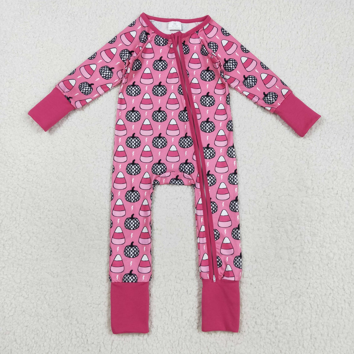RTS NO MOQ（In Stock) LR2467 Halloween plaid pumpkin candy lightning and rose red zip-up long-sleeved bodysuit