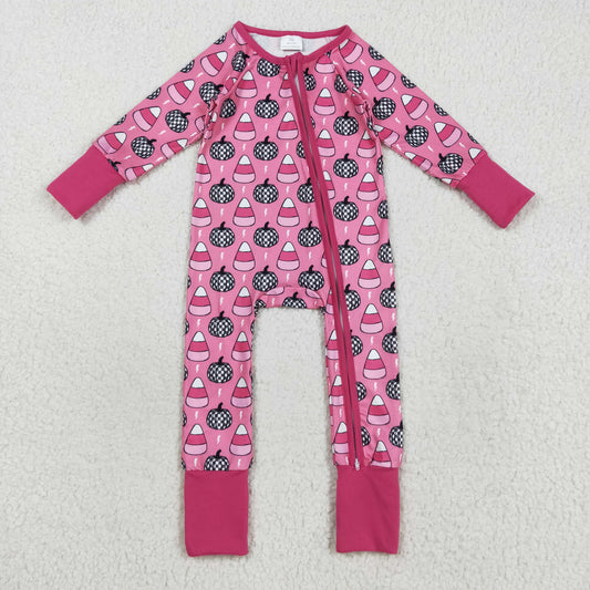 RTS NO MOQ（In Stock) LR2467 Halloween plaid pumpkin candy lightning and rose red zip-up long-sleeved bodysuit