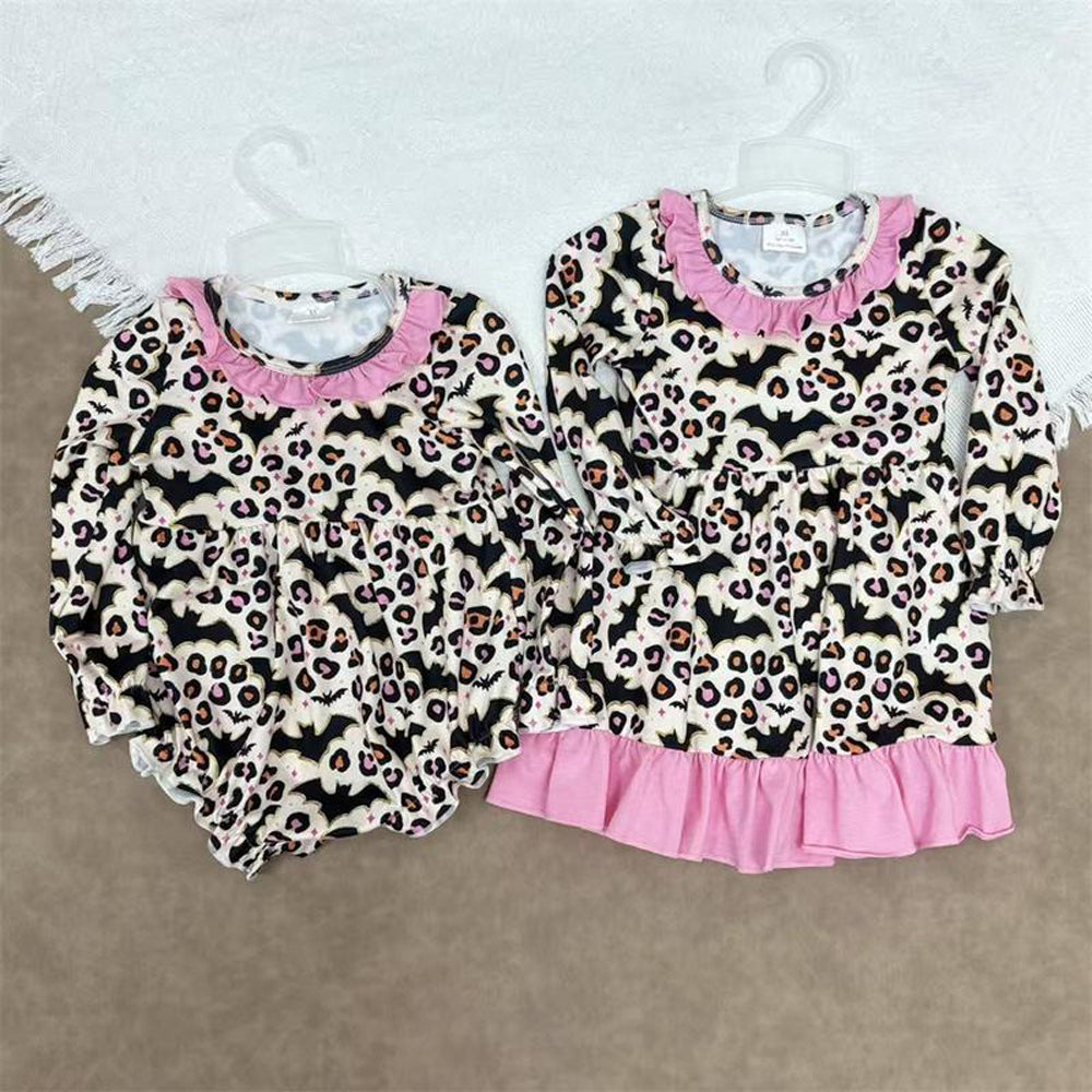 RTS Sibling baby girls clothes halloween bat leopard long Sleeve romper and dress