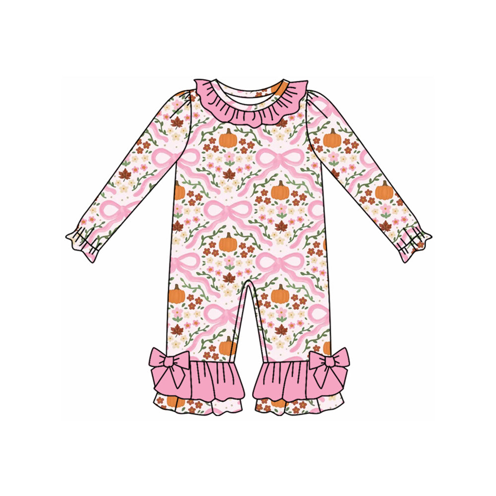 (Pre Order) No moq LR2479 pre-order baby girl clothes pumpkin bow floral pink long sleeve romper-2025.7.23