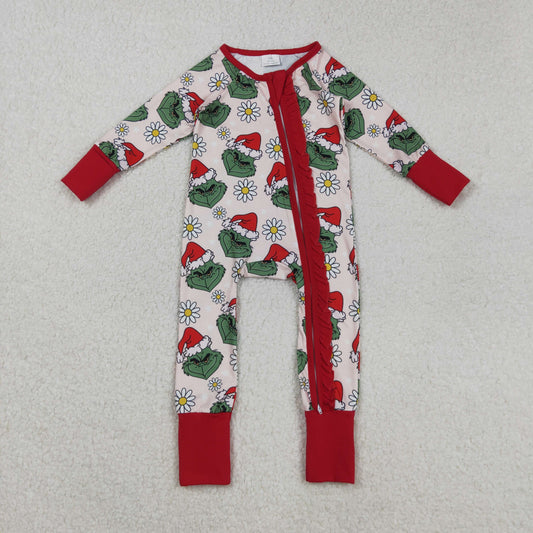 RTS NO MOQ（In Stock) LR2489 Christmas cartoon floral red lace pink zippered long-sleeved bodysuit