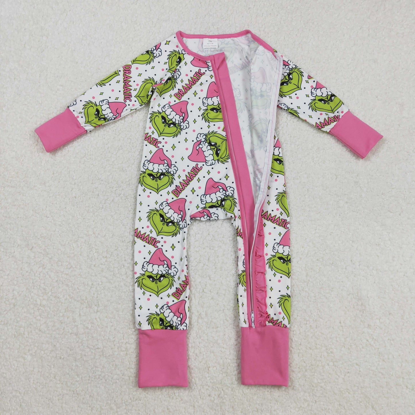 RTS NO MOQ（In Stock) LR2495 Christmas cartoon Dramatic  Pink Lace Zippered Long-Sleeved Bodysuit