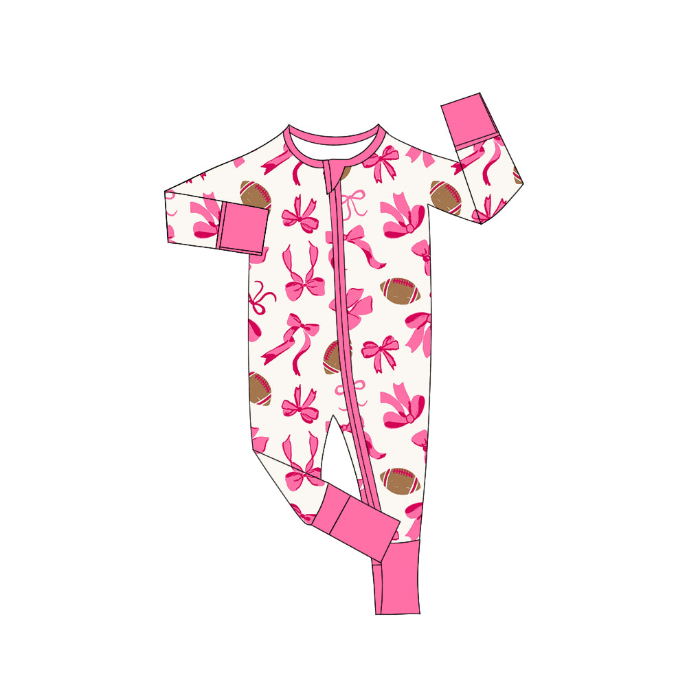 (Pre Order) No moq LR2526 pre-order baby girl clothes bow rugby pink long sleeve romper-2025.8.5