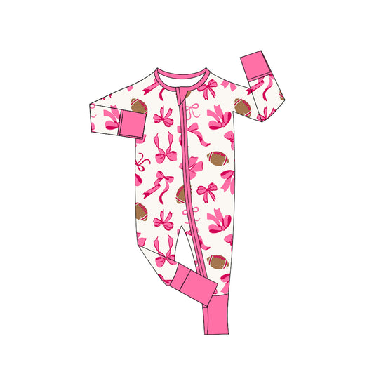 (Pre Order) No moq LR2526 pre-order baby girl clothes bow rugby pink long sleeve romper-2025.8.5