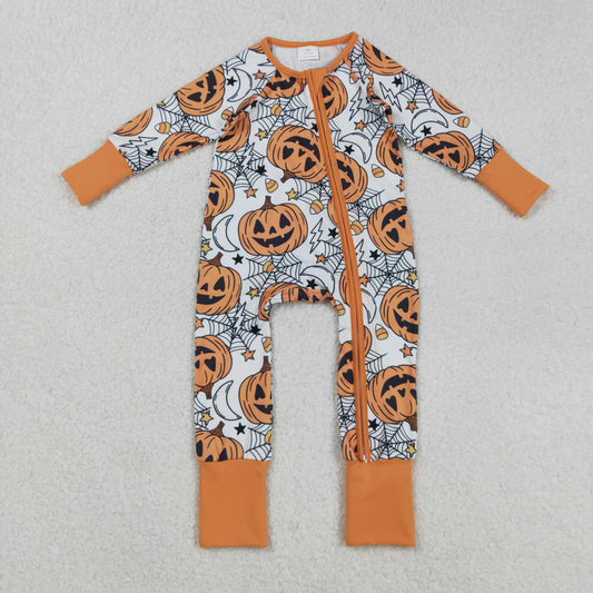 RTS NO MOQ（In Stock) LR2528 Halloween Smiley Pumpkin Star Spiderweb Candy Zippered Long-Sleeved Bodysuit