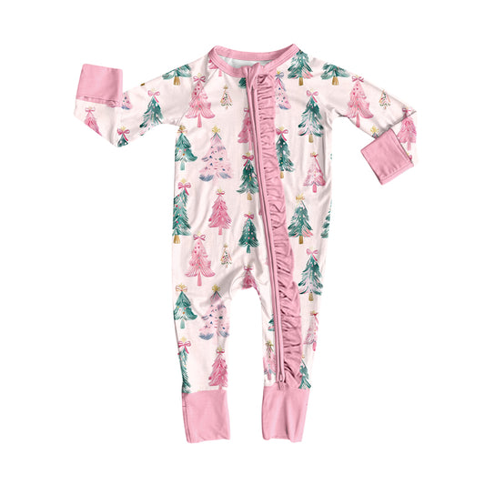 (Pre Order) No moq LR2544 pre-order baby girl clothes Christmas trees bow pink long sleeve romper-2025.8.8