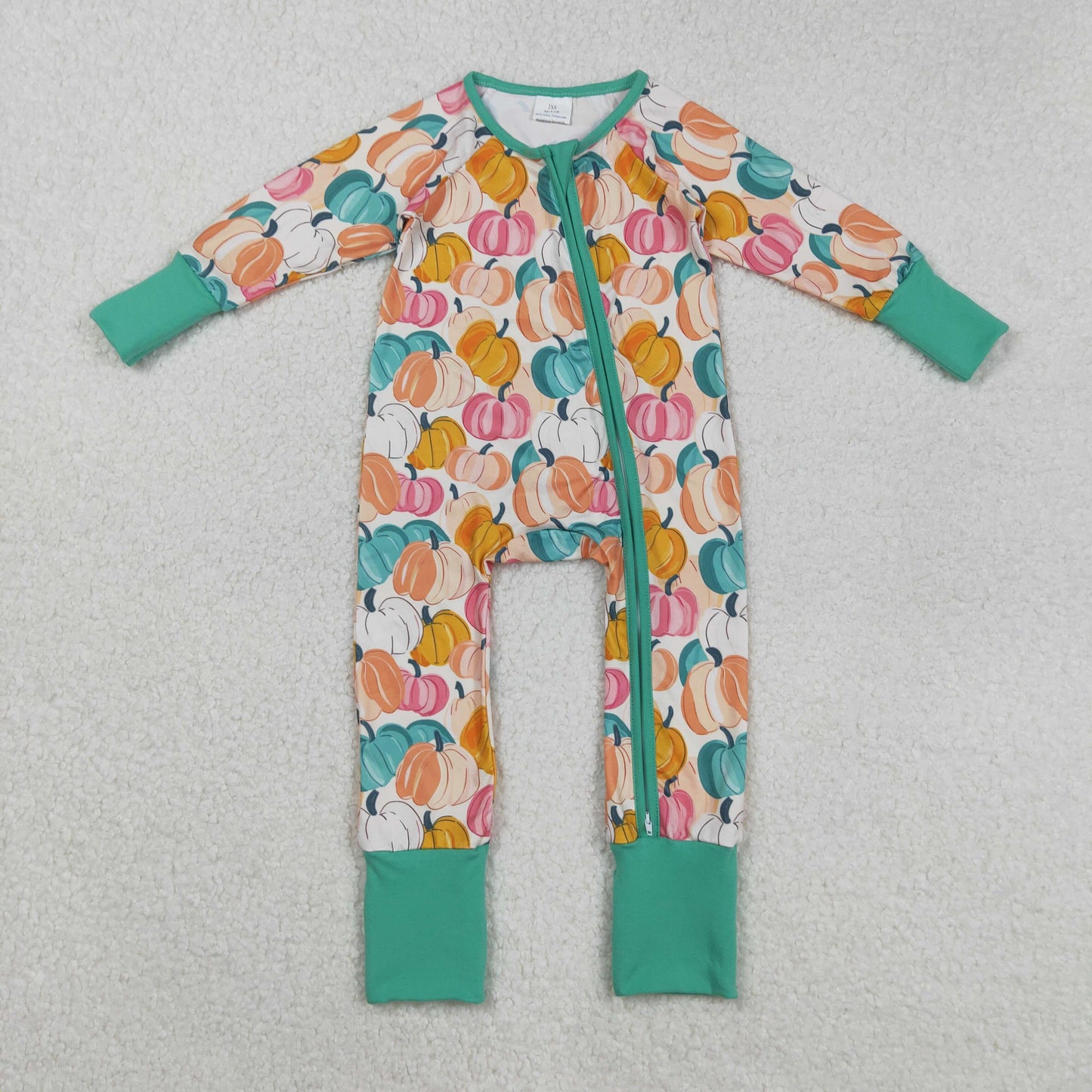RTS NO MOQ（In Stock) LR2552 Beige long-sleeved zip-up bodysuit with pumpkin pattern