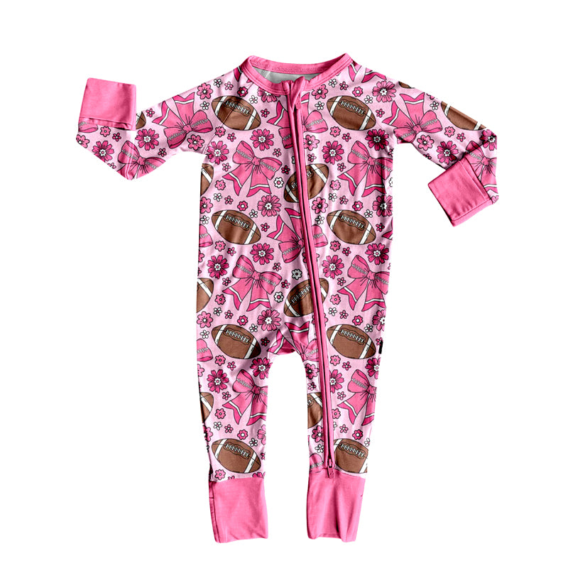 (Pre Order) No moq LR2559 pre-order baby girl clothes rugby bow floral pink long sleeve romper-2025.8.11