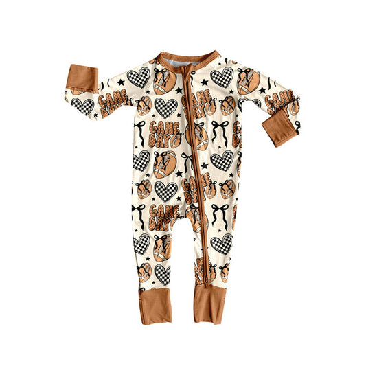 (Pre Order) No moq LR2577 pre-order baby girl clothes GAME DAY rugby bow long sleeve romper-2025.8.16