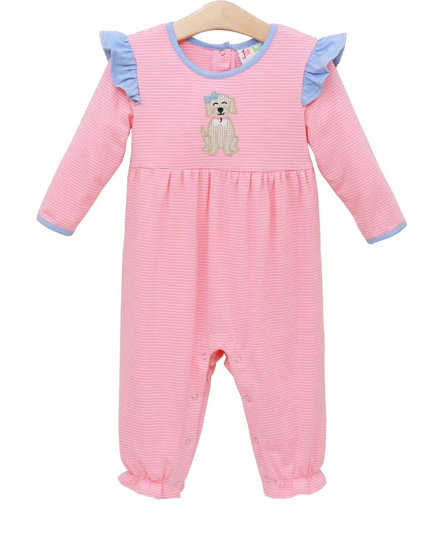 (Pre Order) No moq LR2580 pre-order baby girl clothes puppy pink long sleeve romper-2025.8.18
