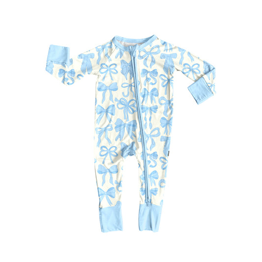 (Pre Order) No moq LR2581 pre-order baby girl clothes bow blue  long sleeve romper-2025.8.18