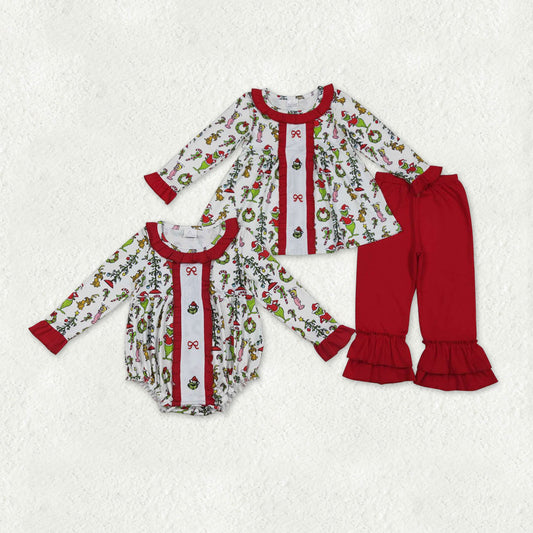 RTS NO MOQ Sibling Baby girls clothes Embroidery Christmas cartoon long-sleeved trousers suit & rompers