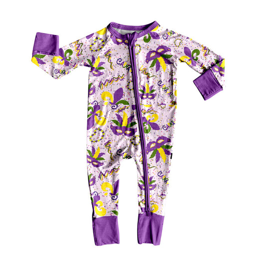 (Pre Order) No moq LR2643 pre-order baby girl clothes MARDI GRAS purple long sleeve romper-2025.9.5