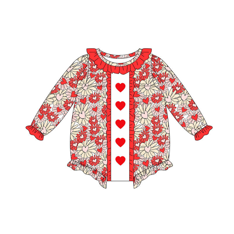 (Pre Order) No moq LR2665 pre-order baby girl clothes floral love red long sleeve romper-2025.9.10