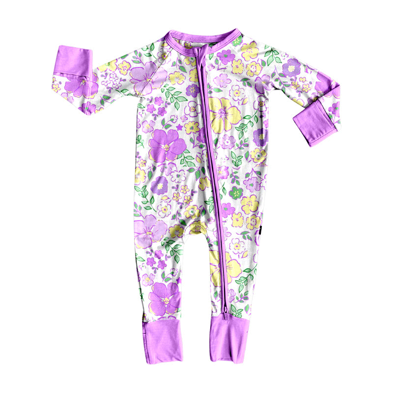 (Pre Order) No moq LR2668 pre-order baby girl clothes floral purple long sleeve romper-2025.9.10
