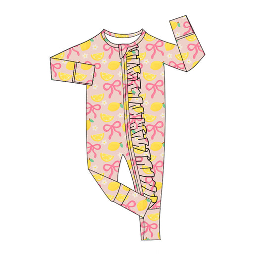 (Pre Order) No moq LR2687 pre-order baby girl clothes lemon bow long sleeve romper-2025.9.15